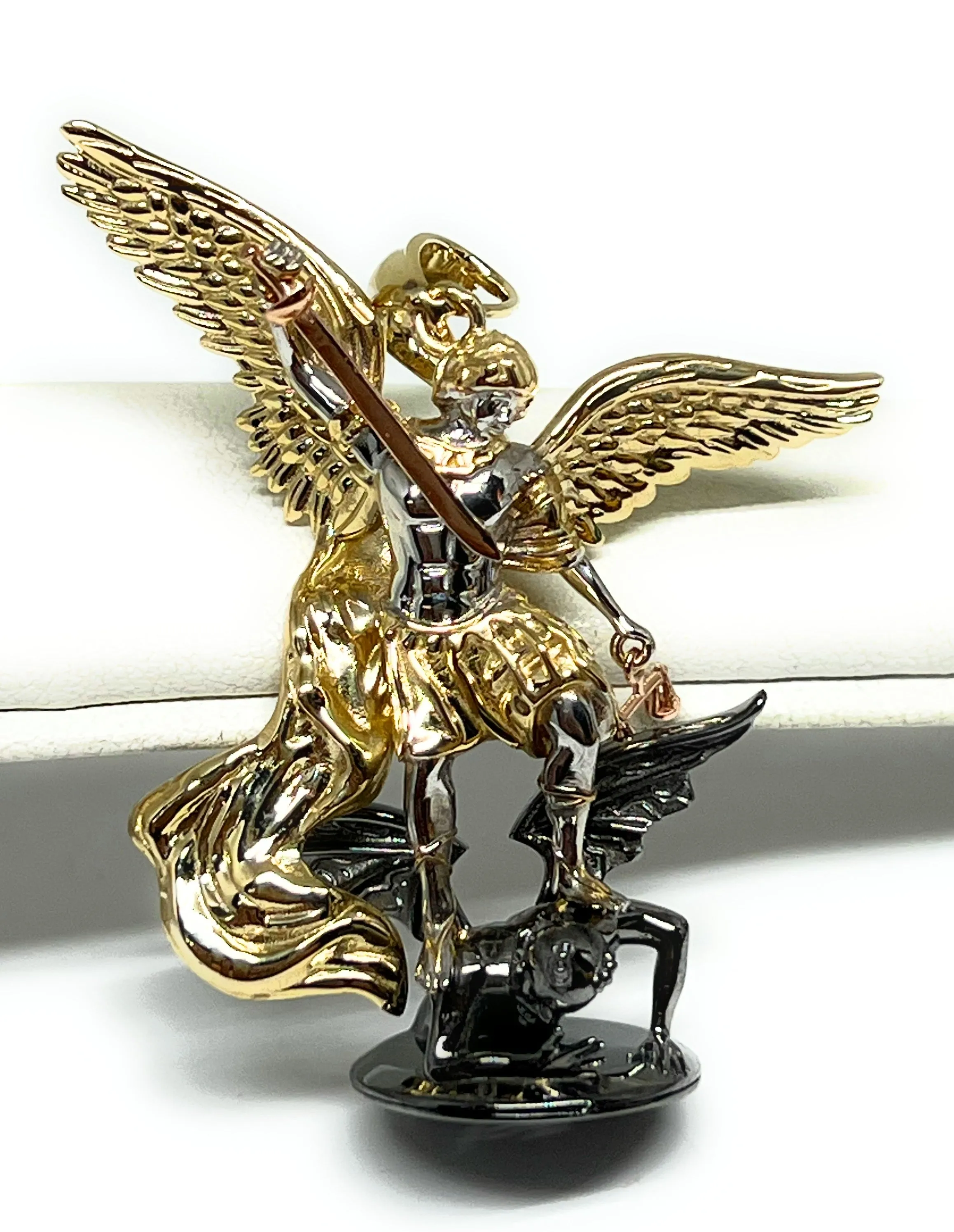 10k Solid Gold Yellow St. Michael Vanquishing Satan Archangel FULL 3D STATUE Pendant Necklace (FC) (LG, SM)