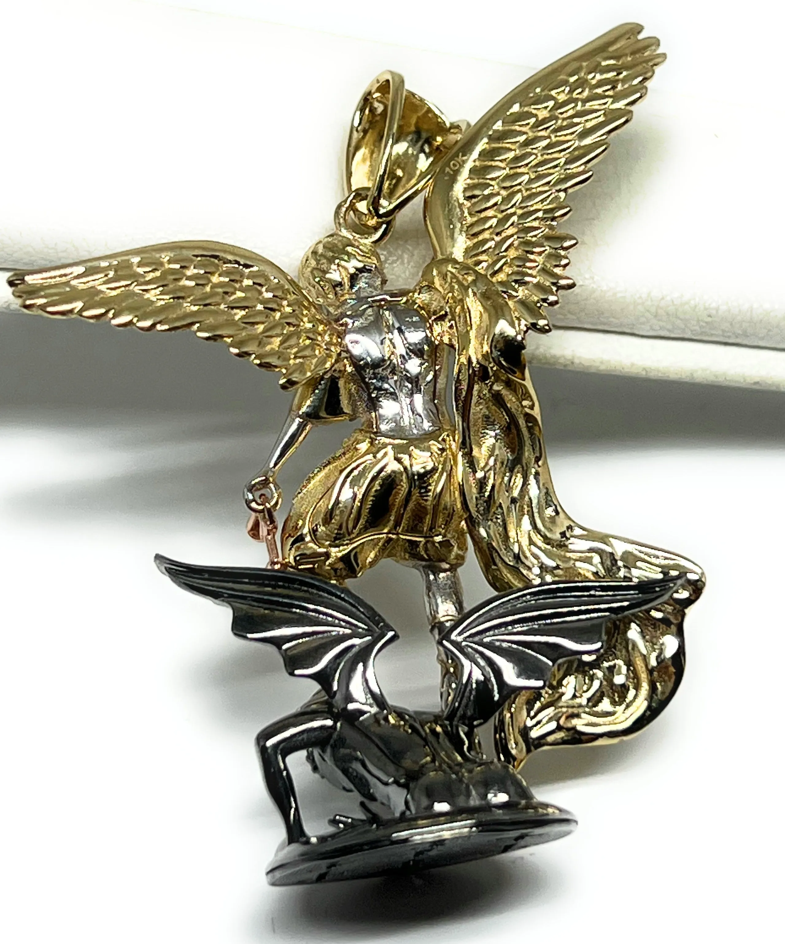 10k Solid Gold Yellow St. Michael Vanquishing Satan Archangel FULL 3D STATUE Pendant Necklace (FC) (LG, SM)