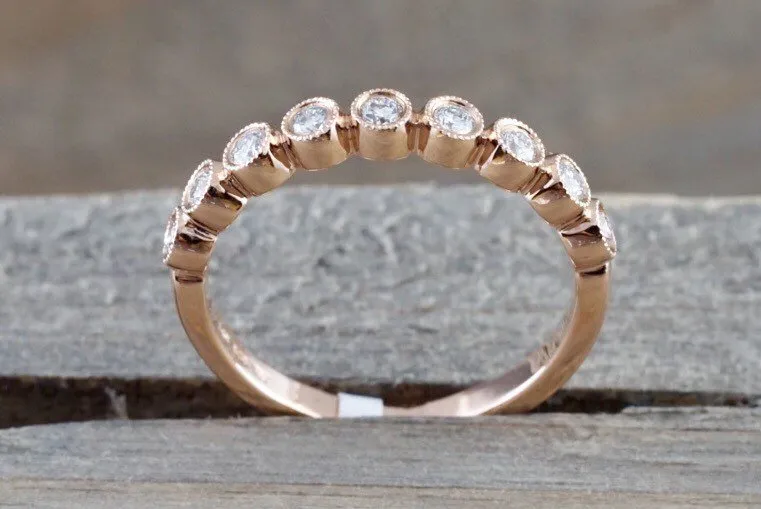 14k Rose Gold Diamond Vintage Milgrain Bezel Full Eternity Band Ring Wedding Engagement