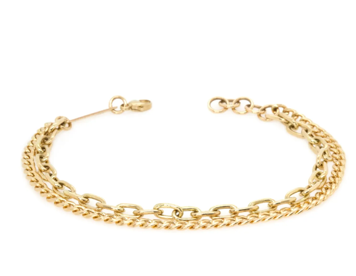 14K SMALL CURB & MEDIUM SQUARE OVAL LINK DOUBLE CHAIN BRACELET