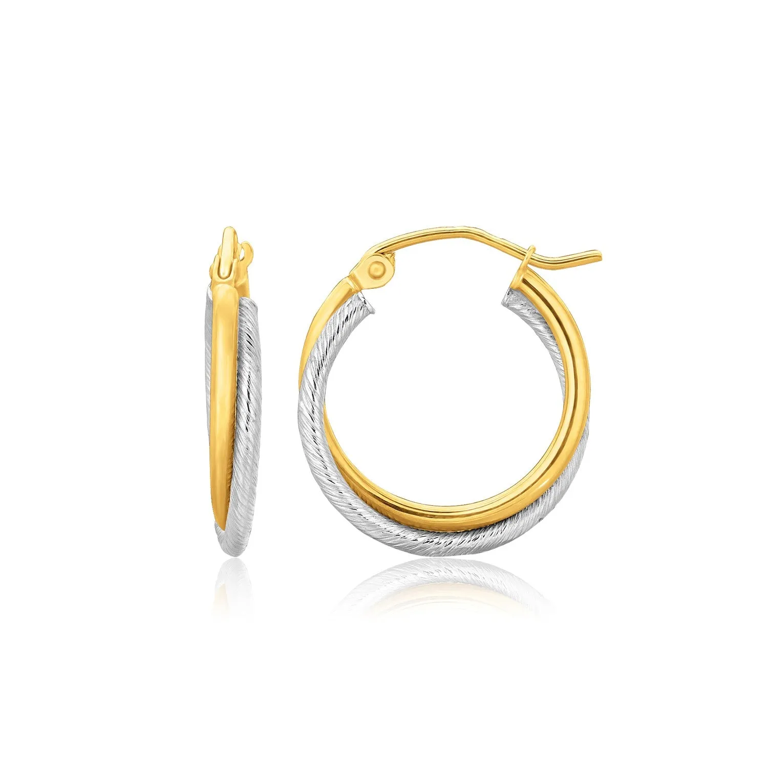 14k Two Tone Gold Double Polished and Textured Hoop Earrings-rx36147