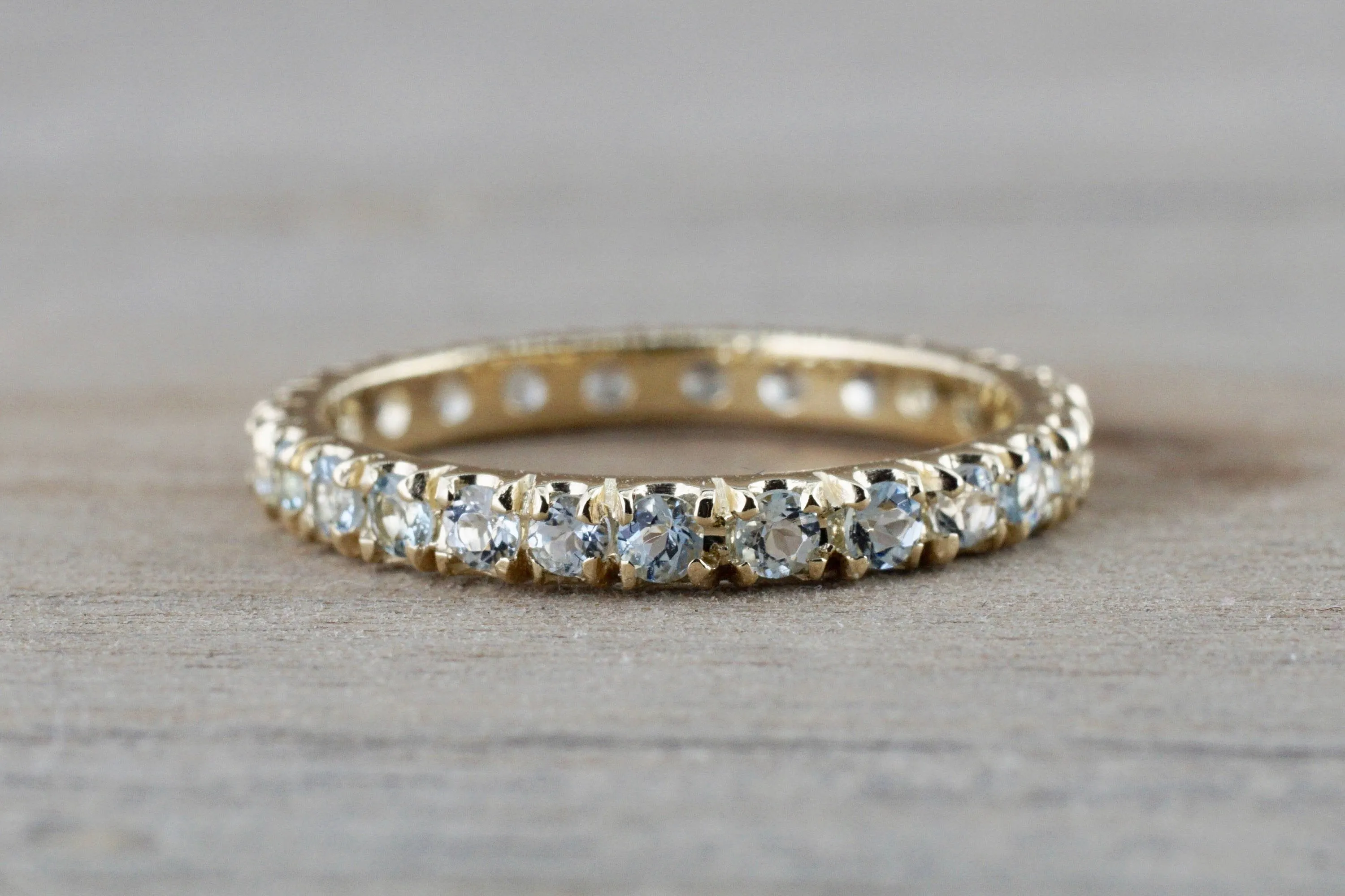 14k Yellow Gold Aquamarine Full Eternity Band Wedding Anniversary Engagement Promise Stackable Ring