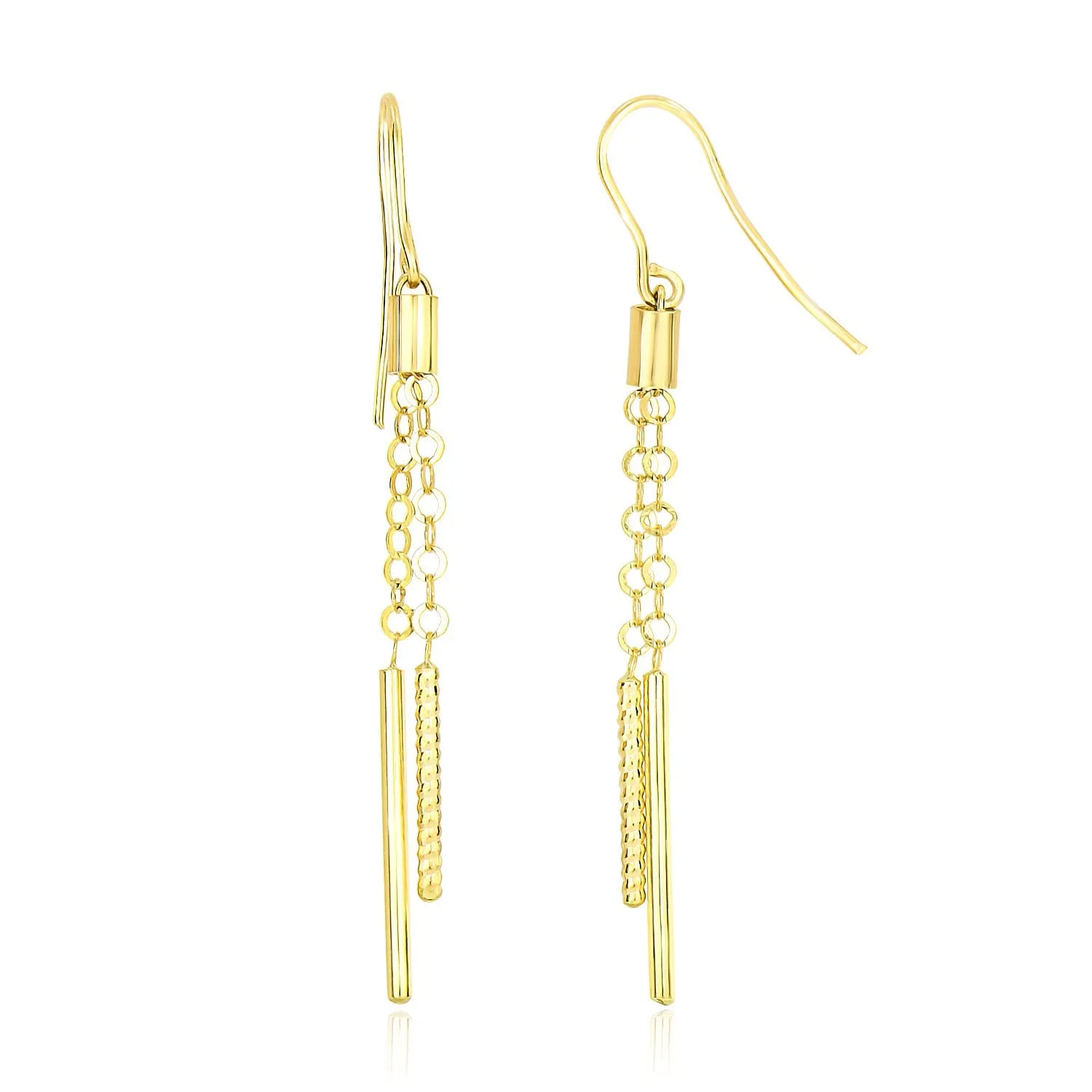 14k Yellow Gold Double Strand Cylinder and Chain Drop Style Earrings-rx85565