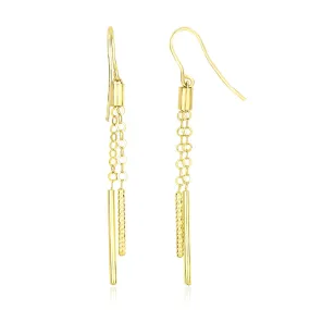 14k Yellow Gold Double Strand Cylinder and Chain Drop Style Earrings-rx85565