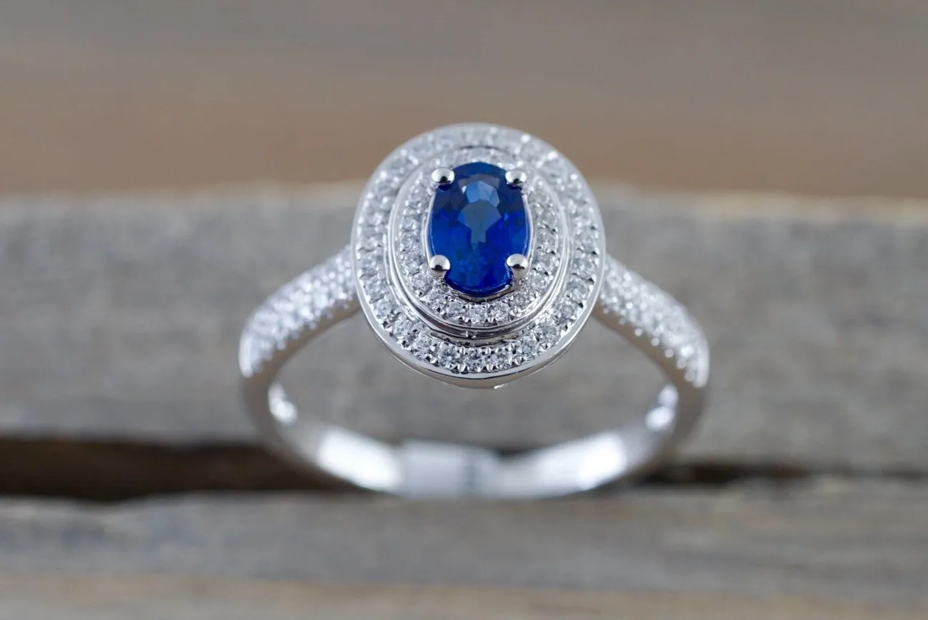 18k White Gold Oval Blue Sapphire Double Halo Diamond Ring Anniversary Halo