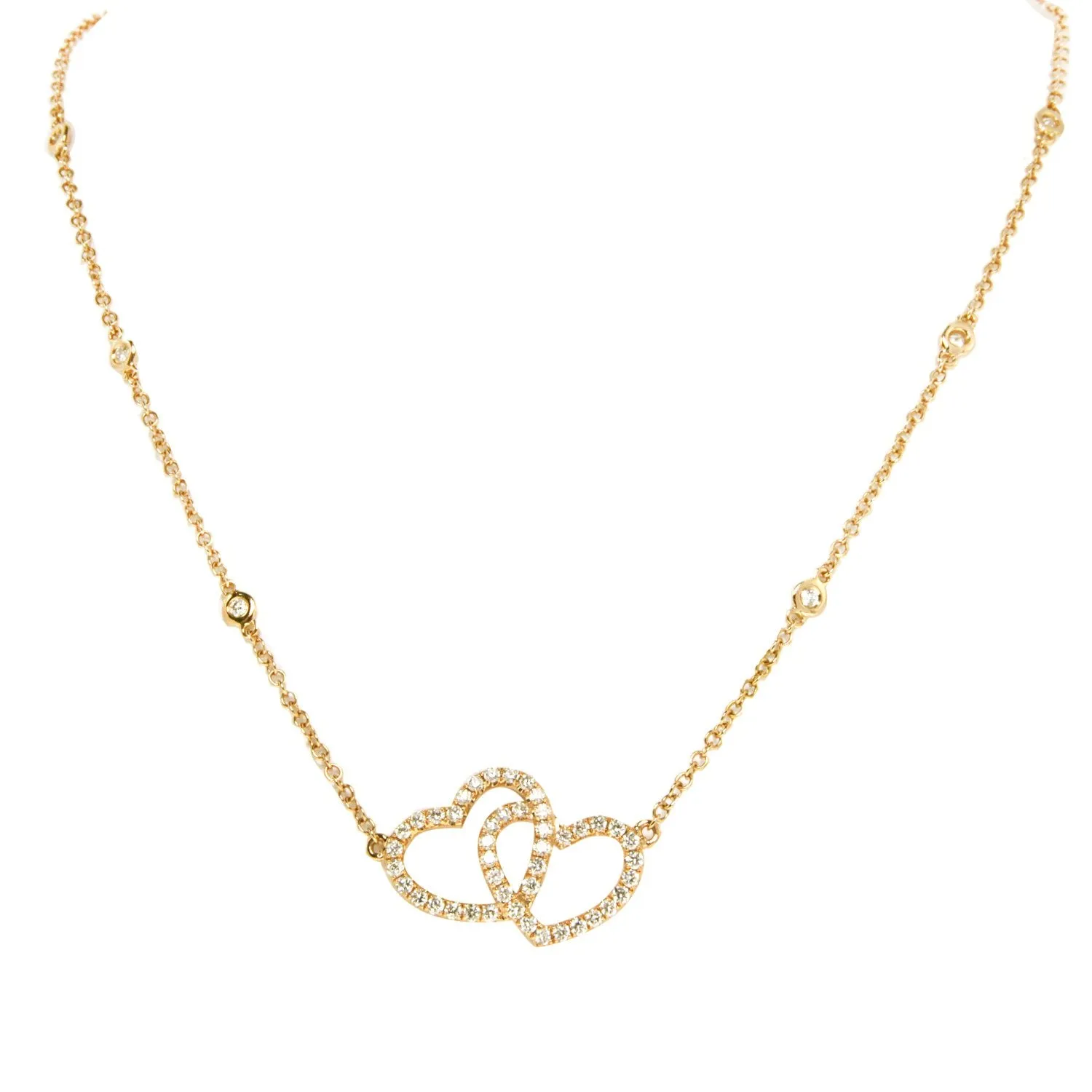 18K Yellow Gold Double Heart Diamond Pendant with Chain 0.66CT