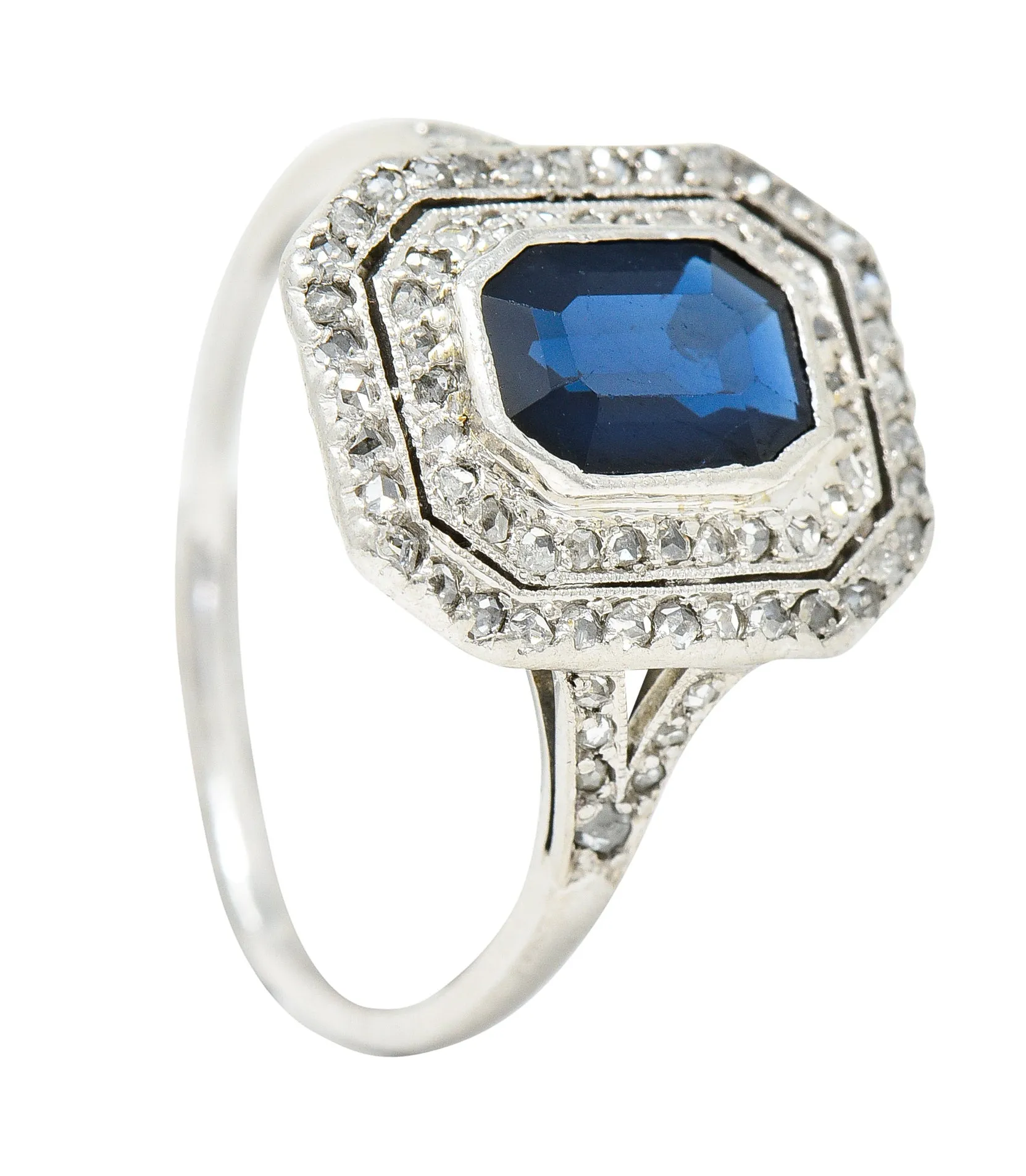 1920's Early Art Deco 1.75 CTW Sapphire Diamond Platinum Double Halo Ring