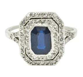 1920's Early Art Deco 1.75 CTW Sapphire Diamond Platinum Double Halo Ring