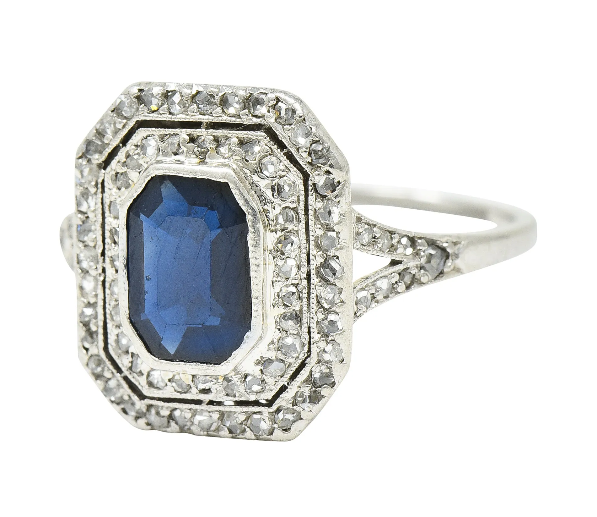 1920's Early Art Deco 1.75 CTW Sapphire Diamond Platinum Double Halo Ring