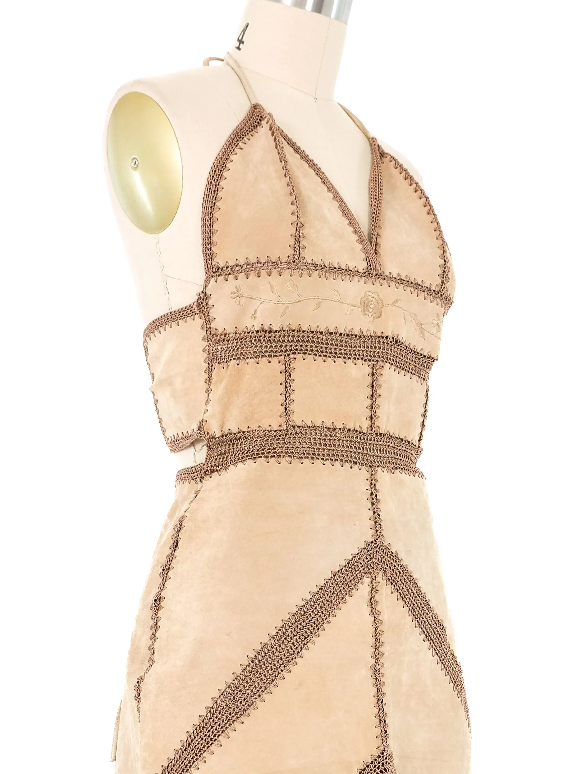 1970s Suede And Crochet Halter Dress