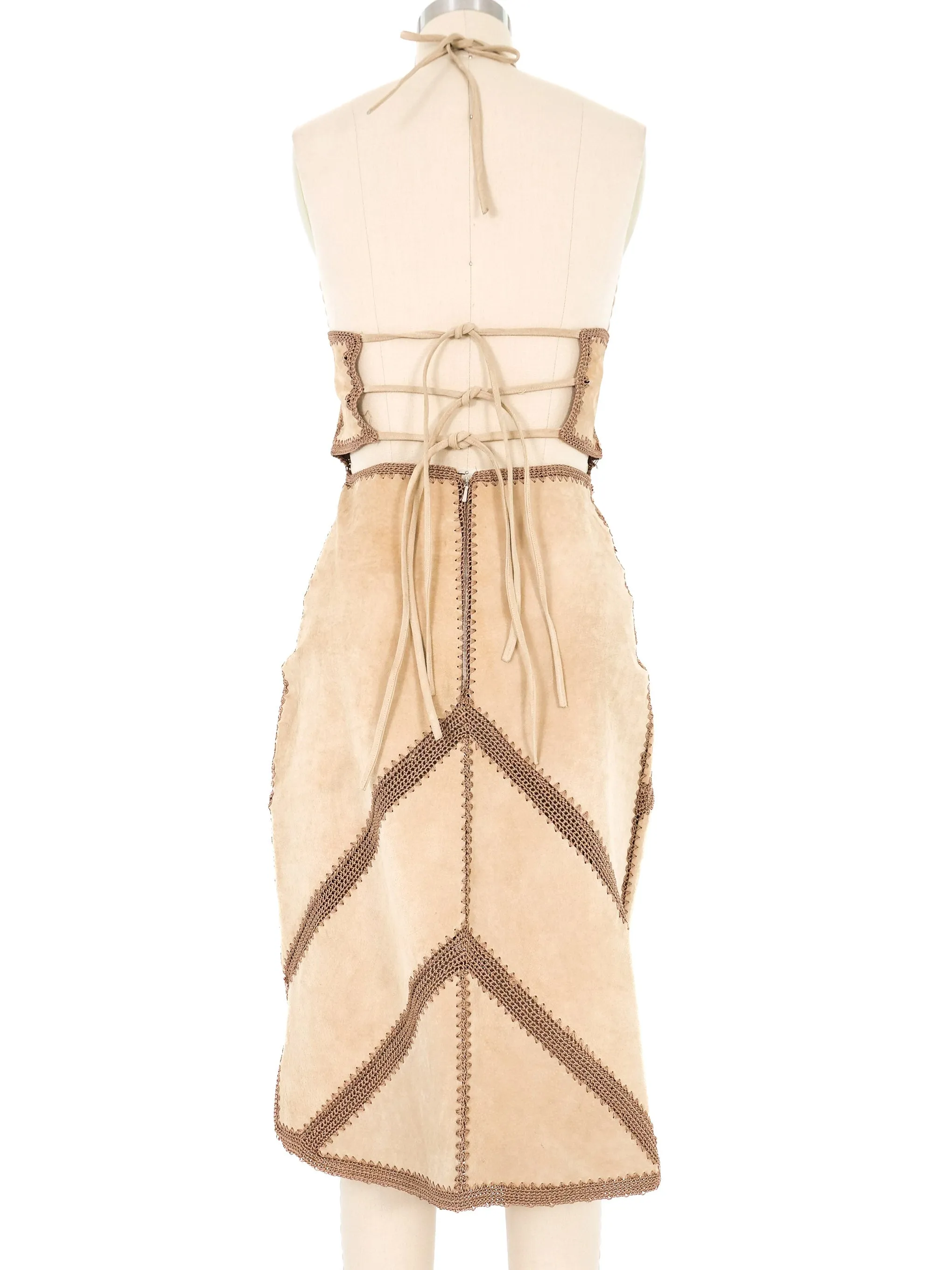 1970s Suede And Crochet Halter Dress