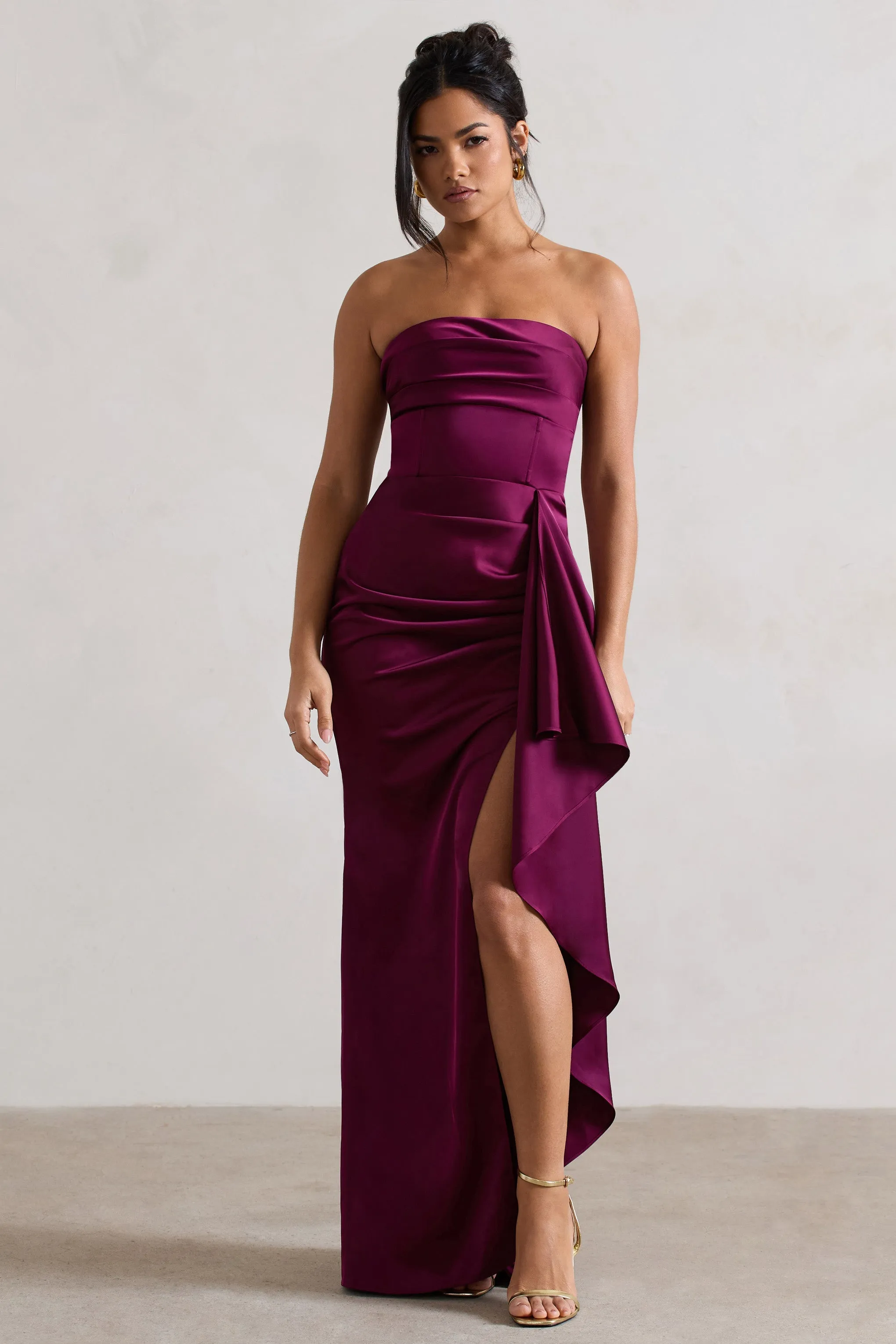 Ace | Plum Satin Bandeau Split Maxi Dress With Ruffle Drape