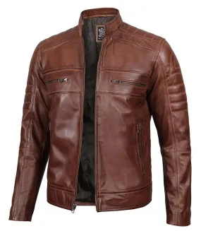 Austin Tall Men Cognac Brown Cafe Racer Leather Jacket