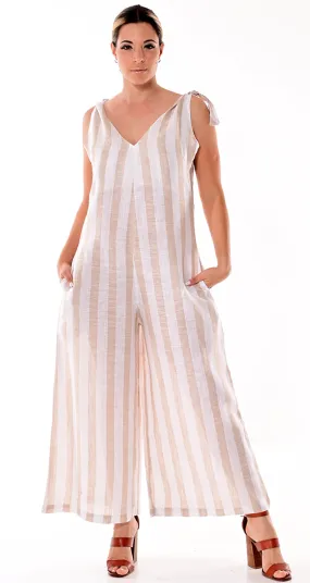 Azucar Ladies Wide Leg Jumpsuit in Striped Casual 100% Linen w/Tie Shoulder Straps in (3) Colors -LLJ1318