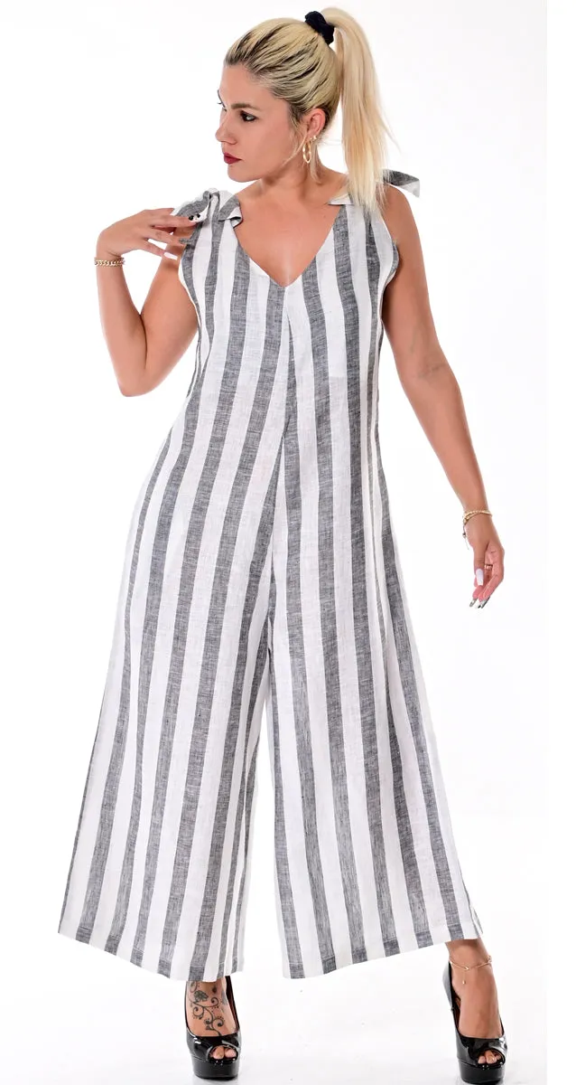 Azucar Ladies Wide Leg Jumpsuit in Striped Casual 100% Linen w/Tie Shoulder Straps in (3) Colors -LLJ1318