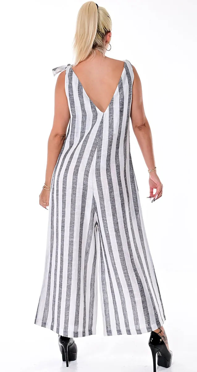 Azucar Ladies Wide Leg Jumpsuit in Striped Casual 100% Linen w/Tie Shoulder Straps in (3) Colors -LLJ1318