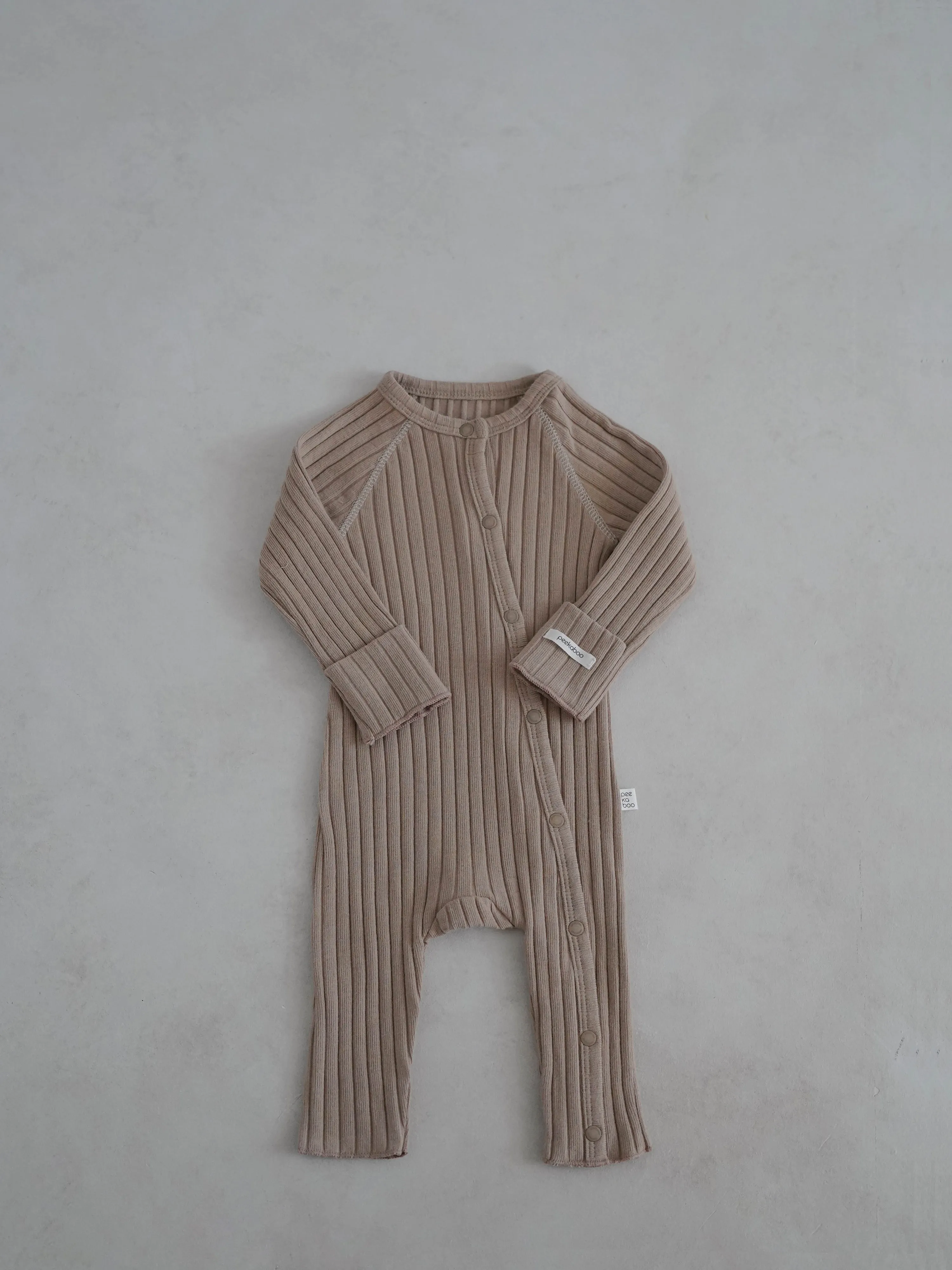 Baby Stitch Detail Ribbed Jumpsuit and Bonnet Set  (0-3m)- Beige