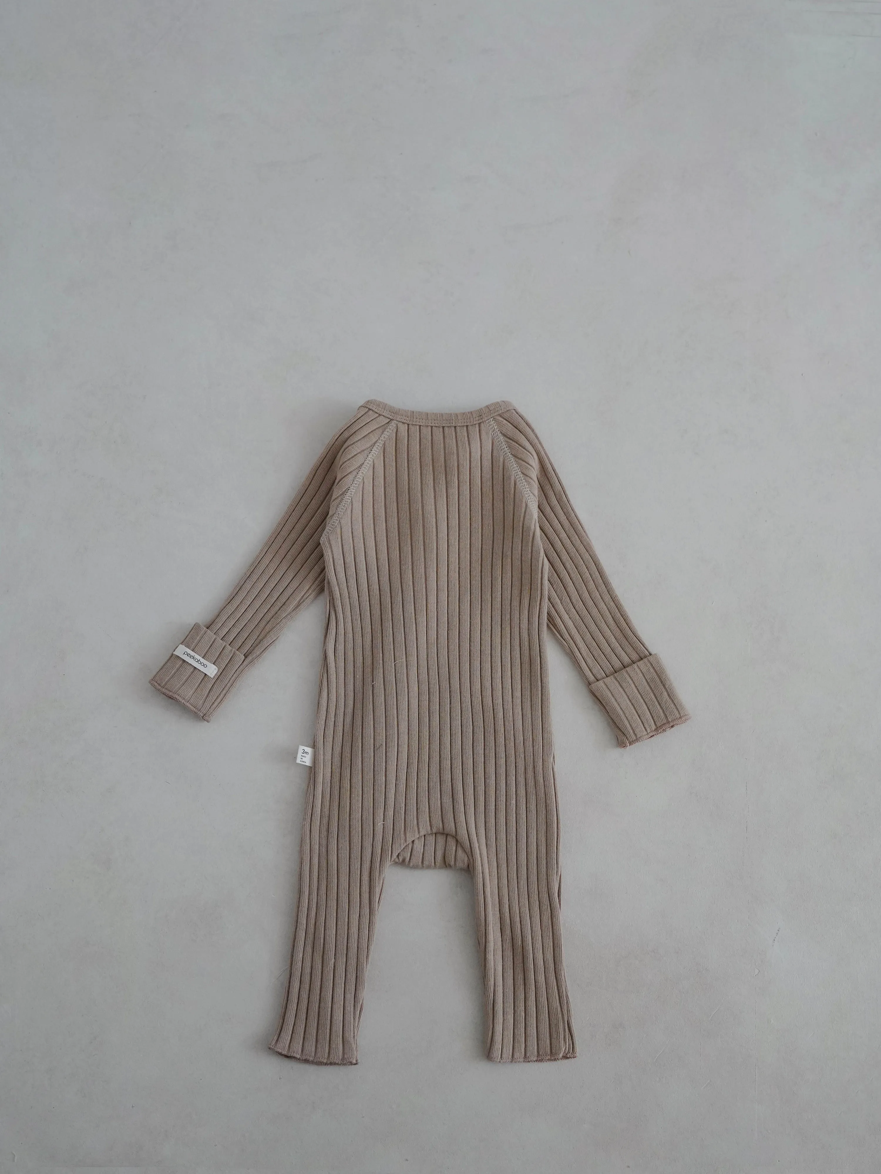 Baby Stitch Detail Ribbed Jumpsuit and Bonnet Set  (0-3m)- Beige