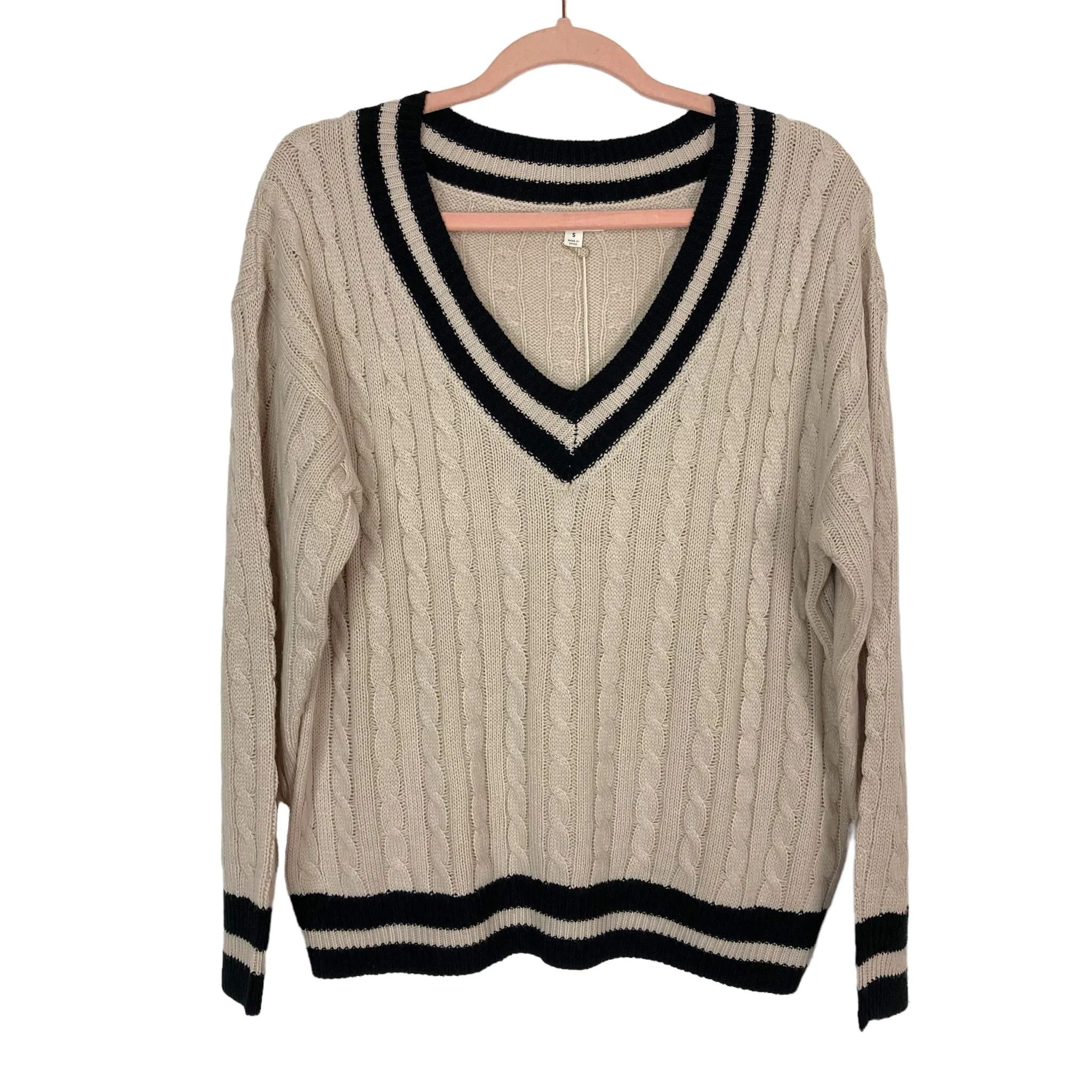 Blu Pepper Beige Cable Knit with Black Stripe Trim Sweater NWT- Size S (sold out online)