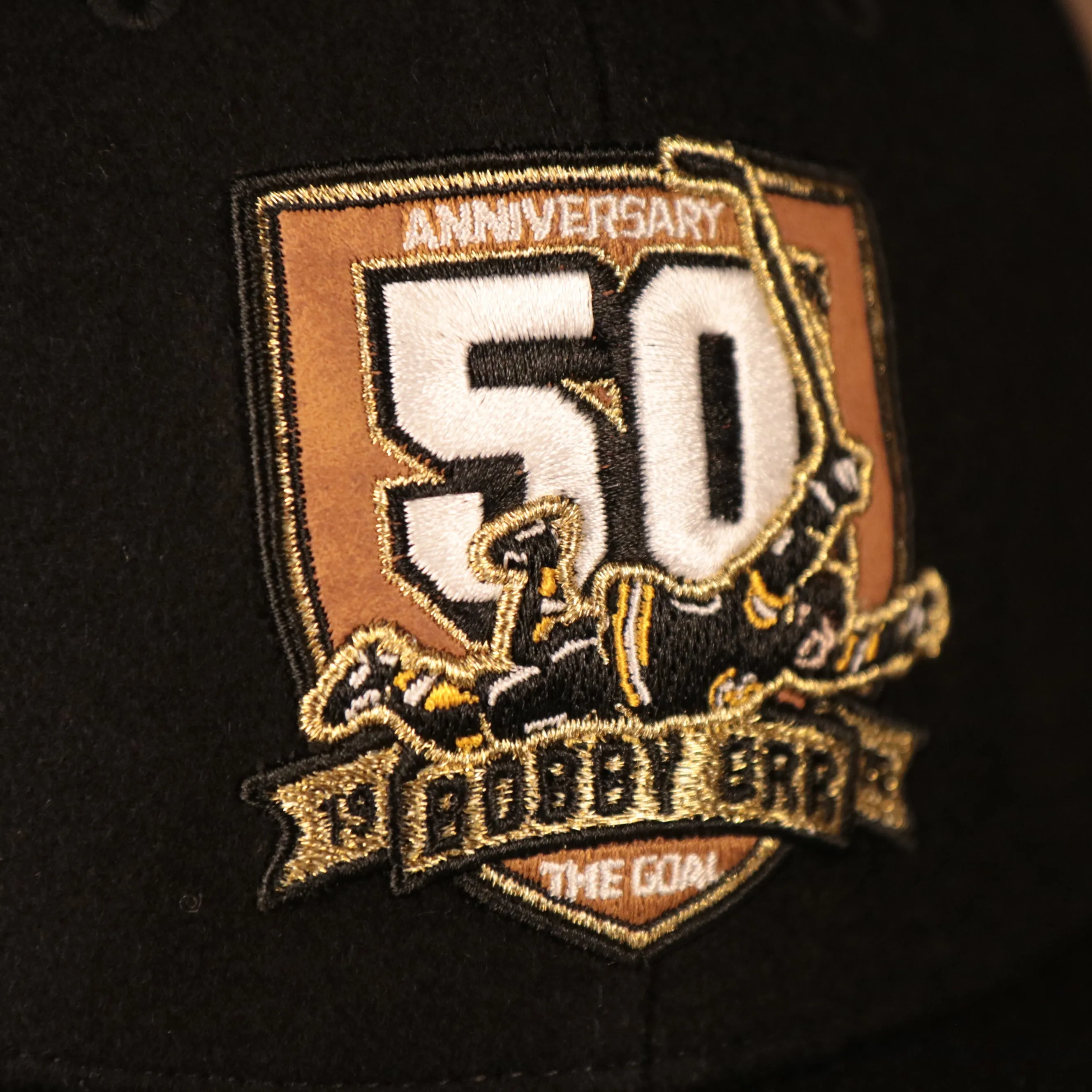 Boston Bruins 50th Anniversary Bobby Orr Patch Signed Brim May 10th 1970 Bruins Patch Back | BW Print Bottom Black Snapback Hat