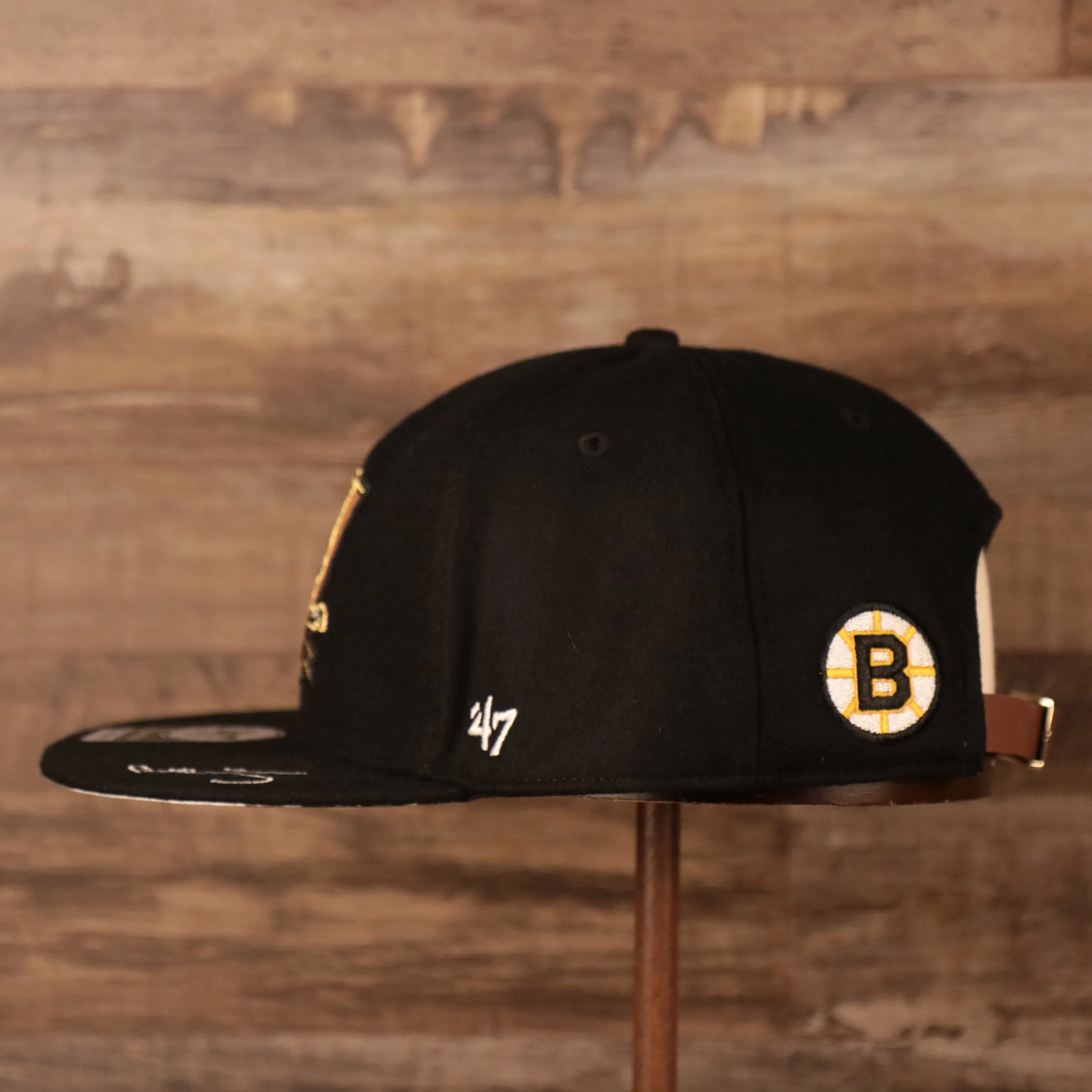 Boston Bruins 50th Anniversary Bobby Orr Patch Signed Brim May 10th 1970 Bruins Patch Back | BW Print Bottom Black Snapback Hat