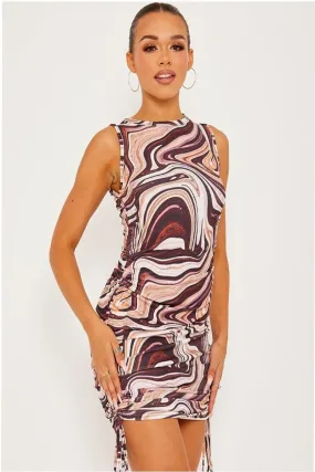 Brown Marble Print Sleeveless Ribbed Ruched Dress