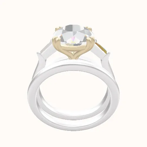 Cathedral Band with Tapered Baguette Sidestones Engagement Ring With Double Prongs Head and Matching Band