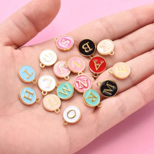 Charms, Round, Double-Sided, Alphabet, Capital Letters, Multicolored, Enameled, Gold Plated, Alloy, A-Z, 14mm