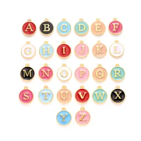 Charms, Round, Double-Sided, Alphabet, Capital Letters, Multicolored, Enameled, Gold Plated, Alloy, A-Z, 14mm