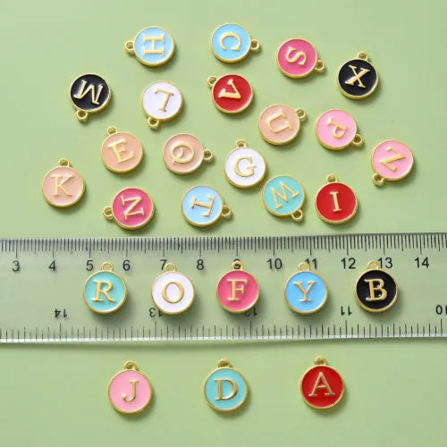 Charms, Round, Double-Sided, Alphabet, Capital Letters, Multicolored, Enameled, Gold Plated, Alloy, A-Z, 14mm