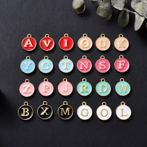 Charms, Round, Double-Sided, Alphabet, Capital Letters, Multicolored, Enameled, Gold Plated, Alloy, A-Z, 14mm