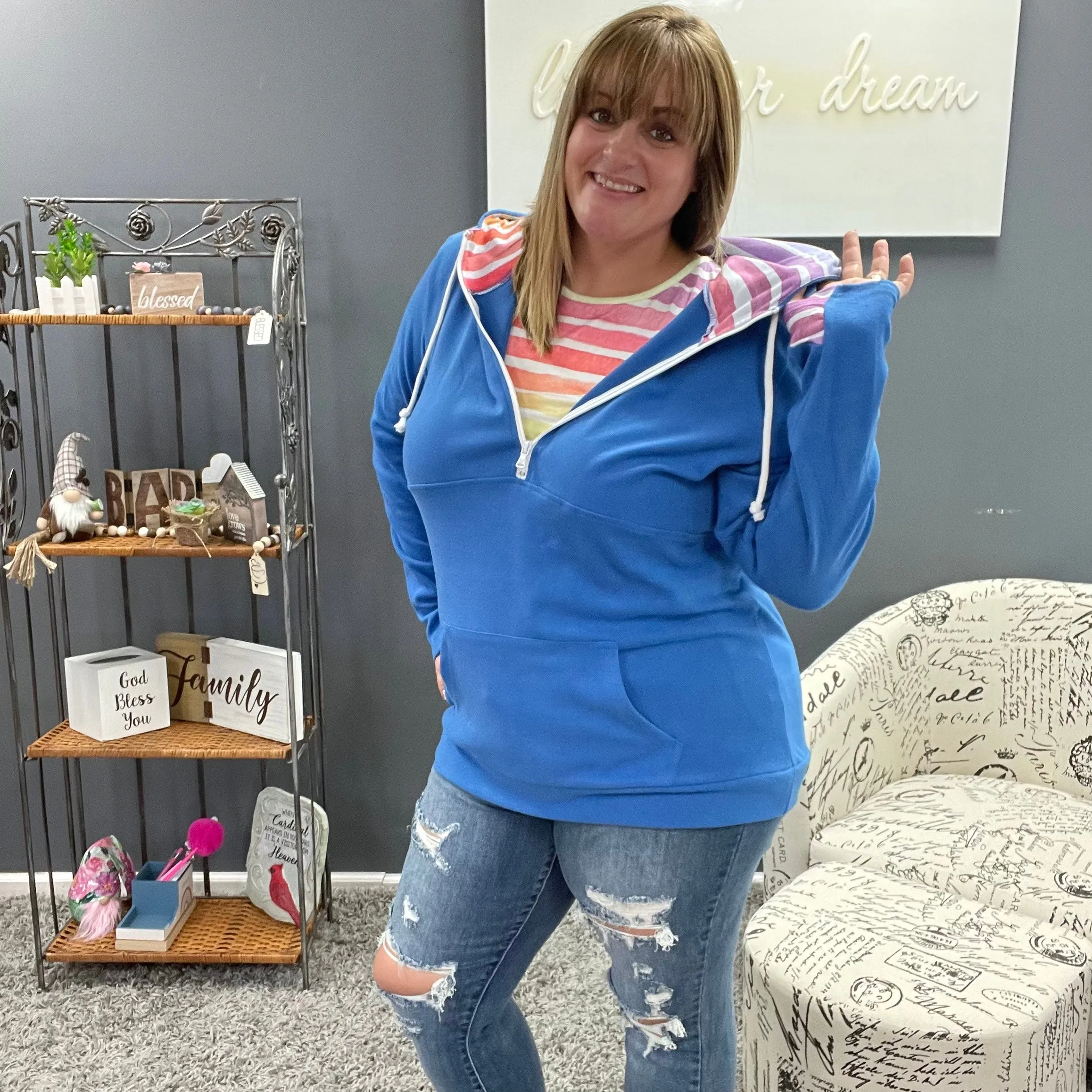 Classic HalfZip Hoodie - Bright Blue Rainbow Stripes