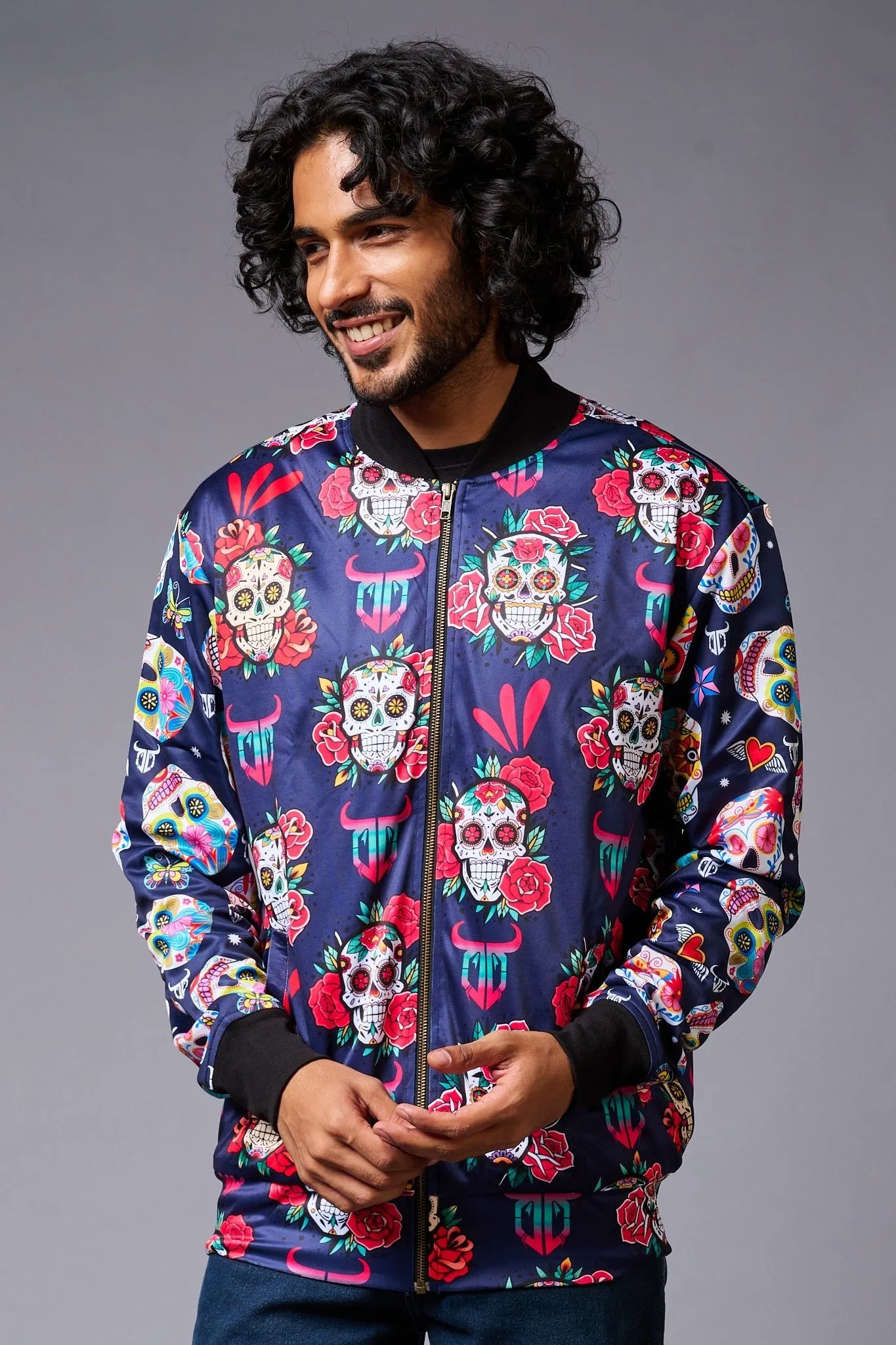 Colourful Skull Printed Blue Bomber Jacket for Men