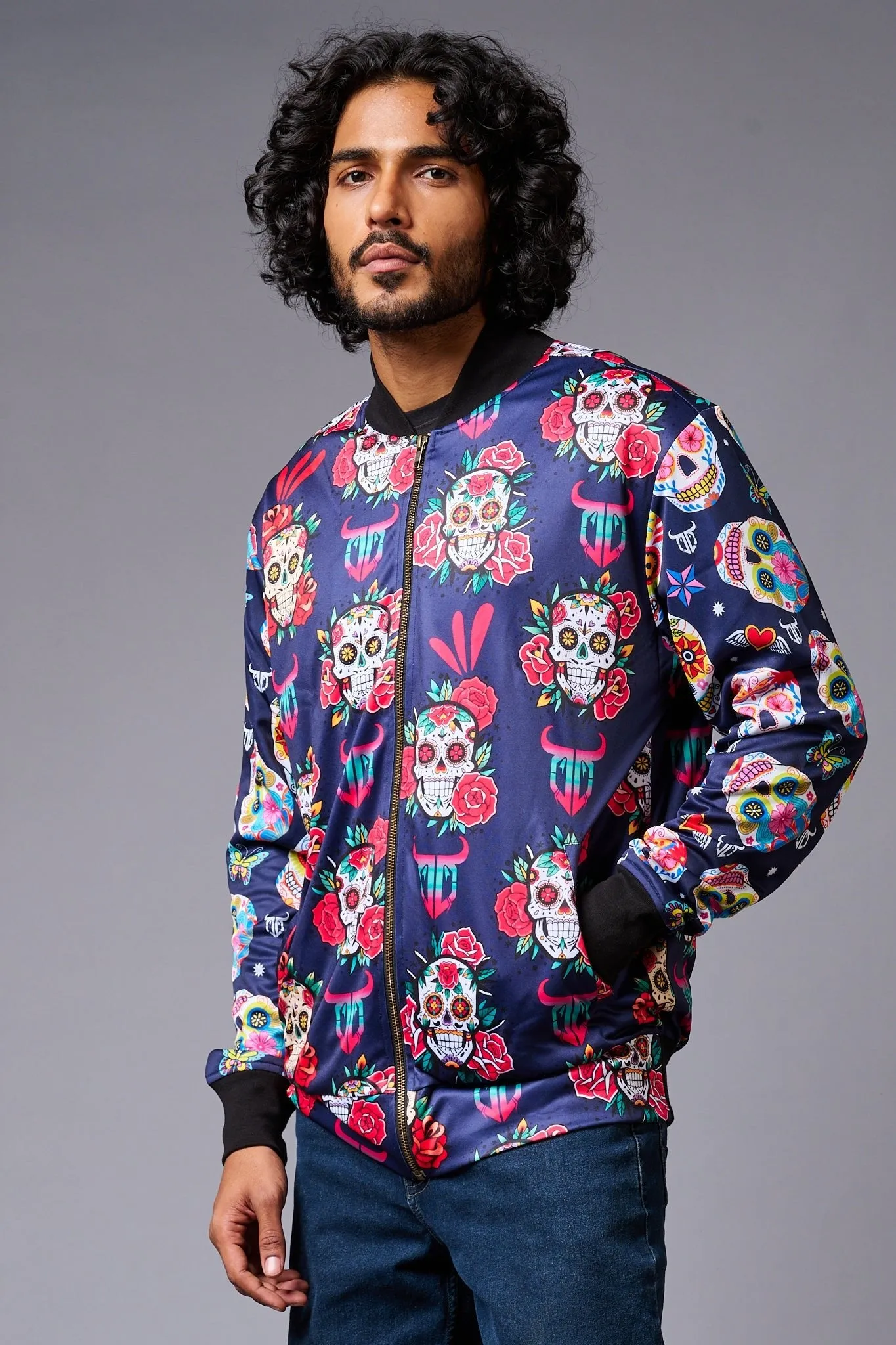 Colourful Skull Printed Blue Bomber Jacket for Men