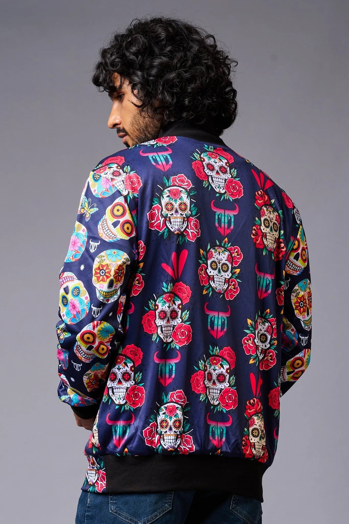 Colourful Skull Printed Blue Bomber Jacket for Men