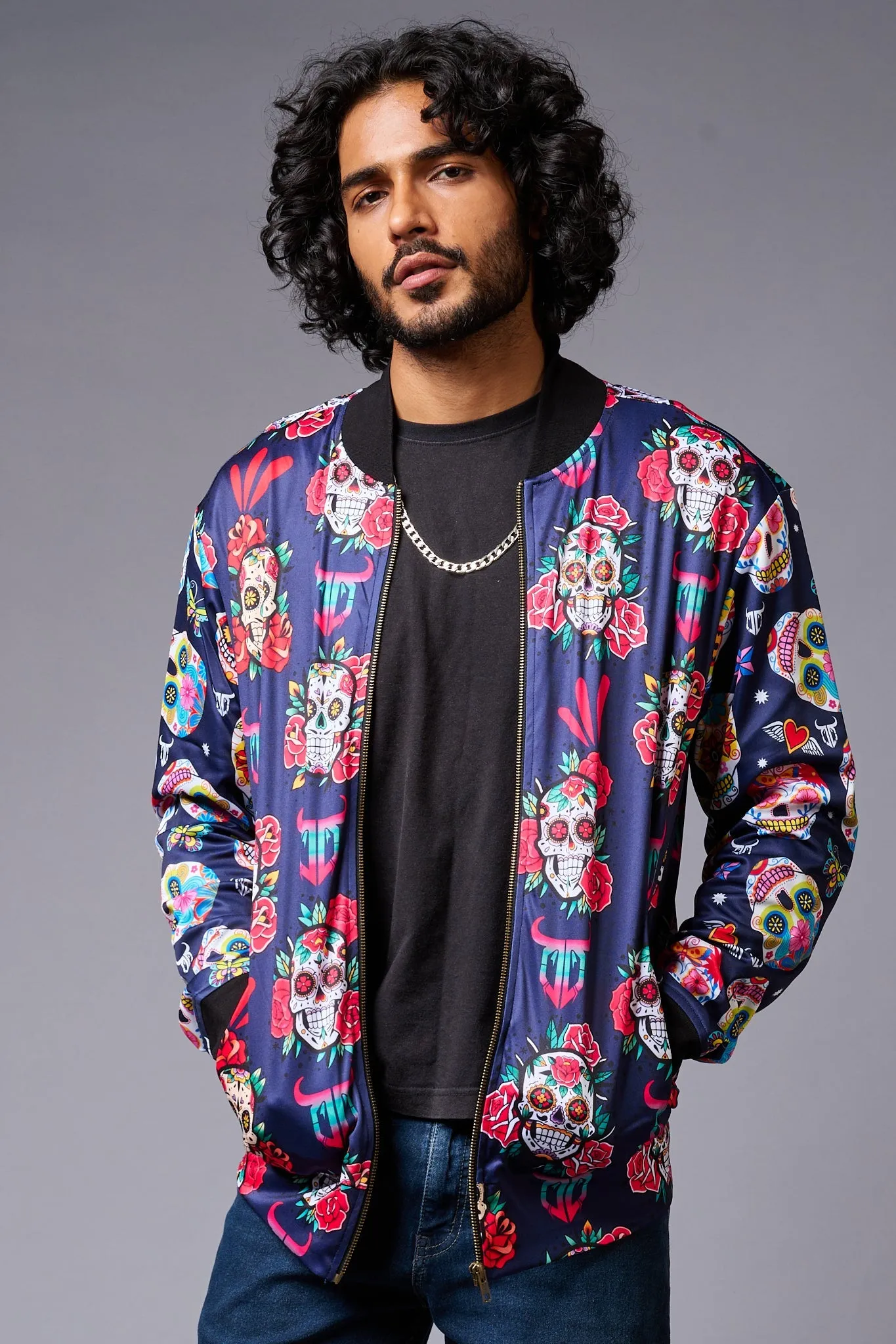 Colourful Skull Printed Blue Bomber Jacket for Men