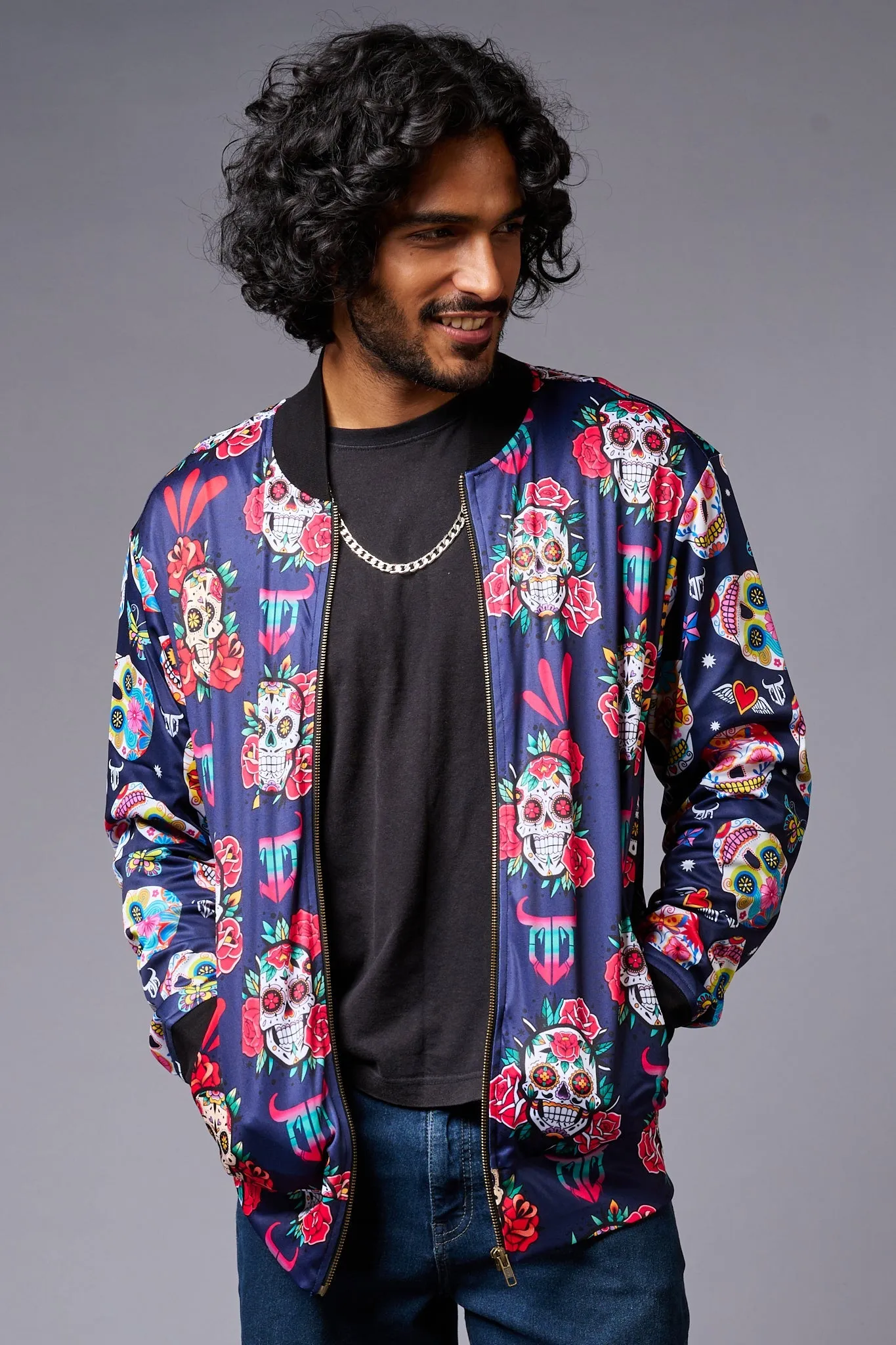 Colourful Skull Printed Blue Bomber Jacket for Men