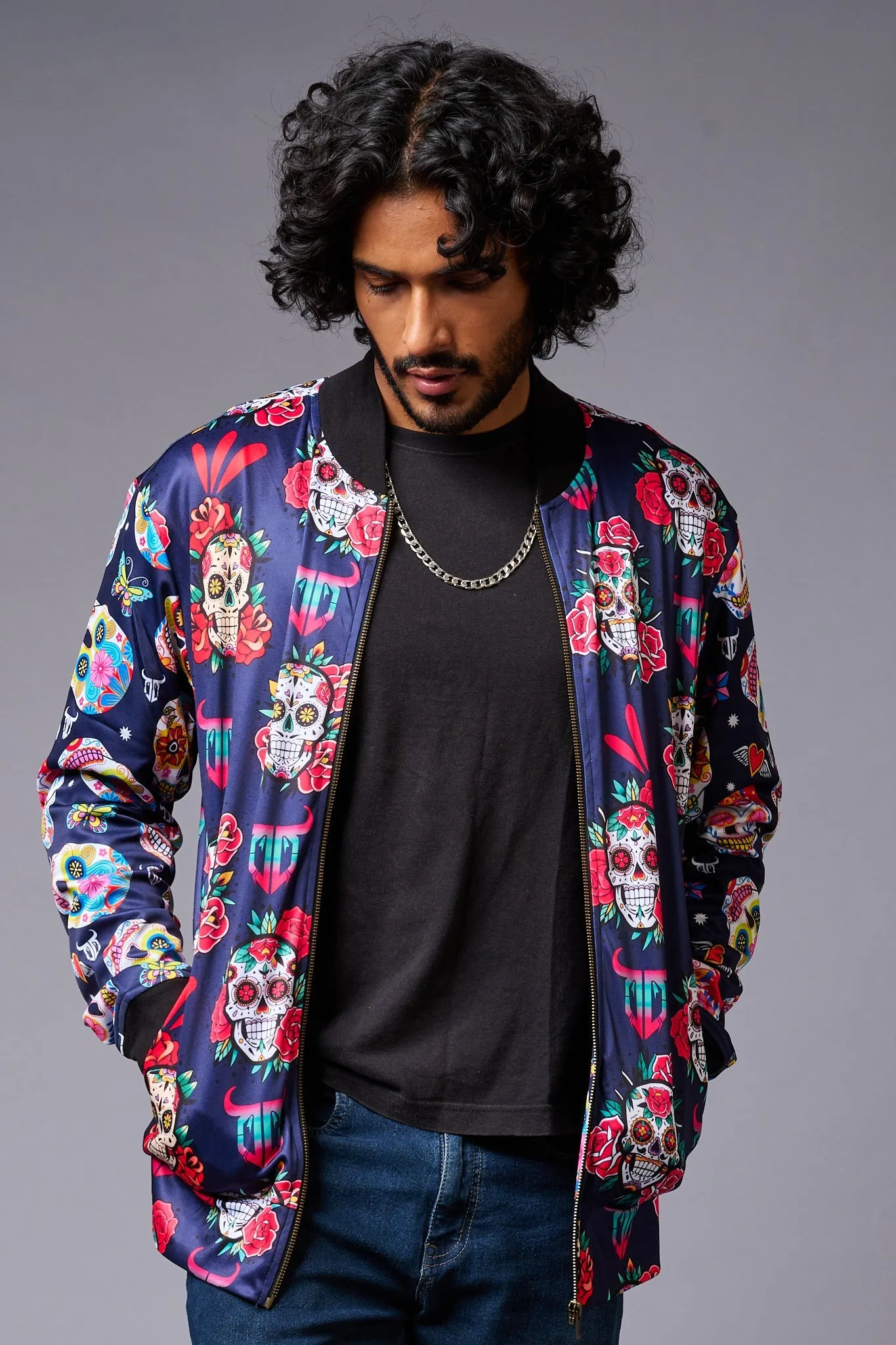 Colourful Skull Printed Blue Bomber Jacket for Men