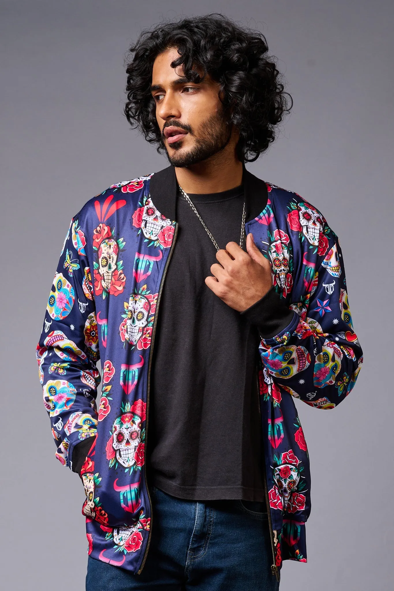 Colourful Skull Printed Blue Bomber Jacket for Men