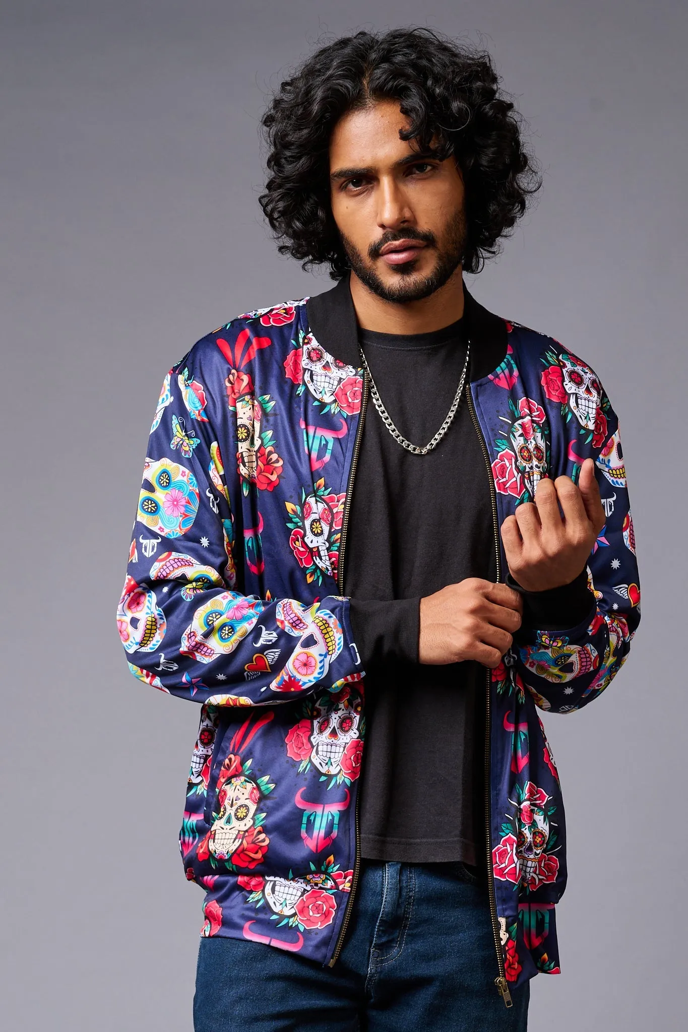 Colourful Skull Printed Blue Bomber Jacket for Men