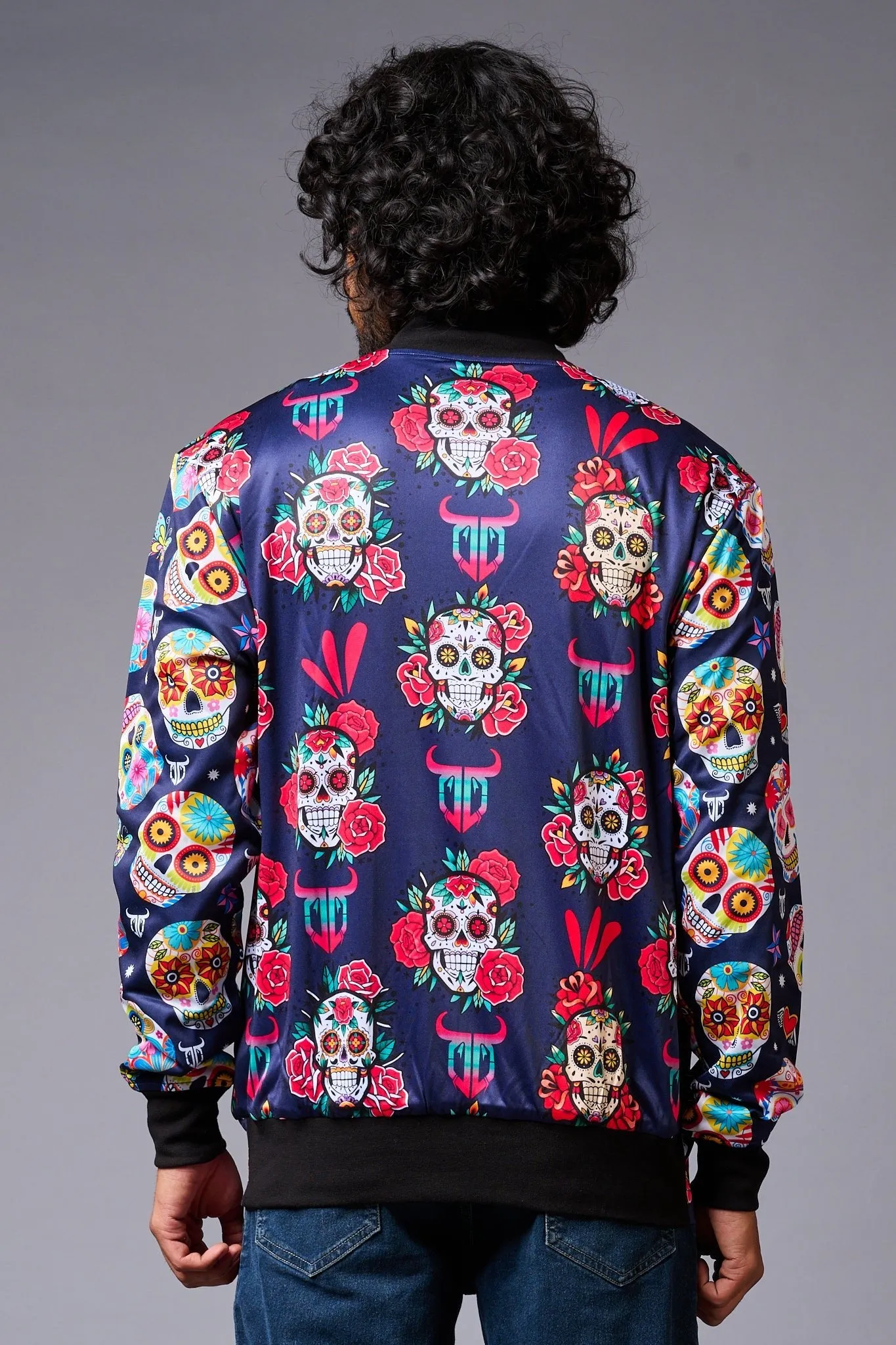 Colourful Skull Printed Blue Bomber Jacket for Men