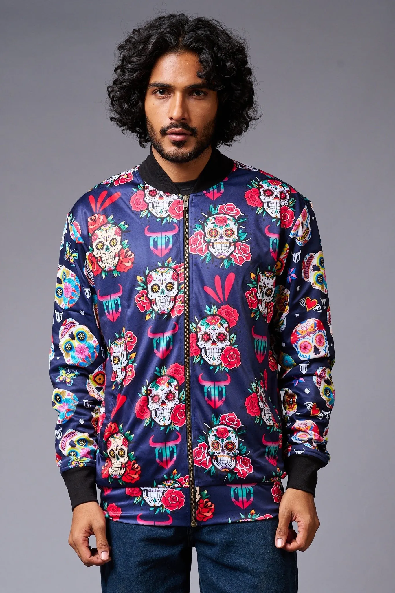 Colourful Skull Printed Blue Bomber Jacket for Men