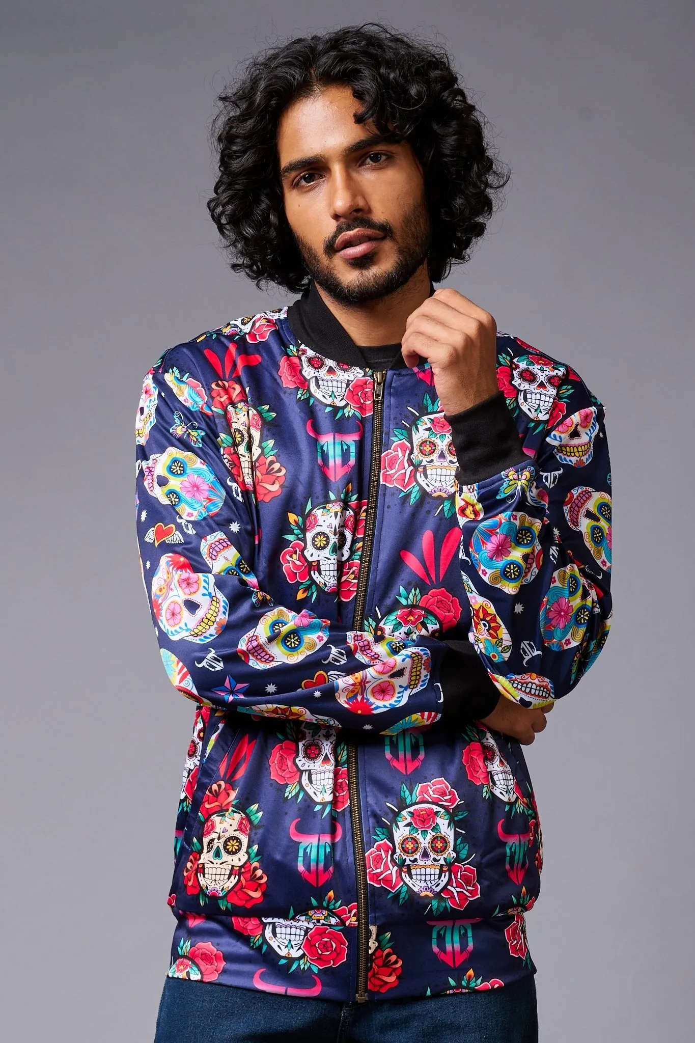 Colourful Skull Printed Blue Bomber Jacket for Men