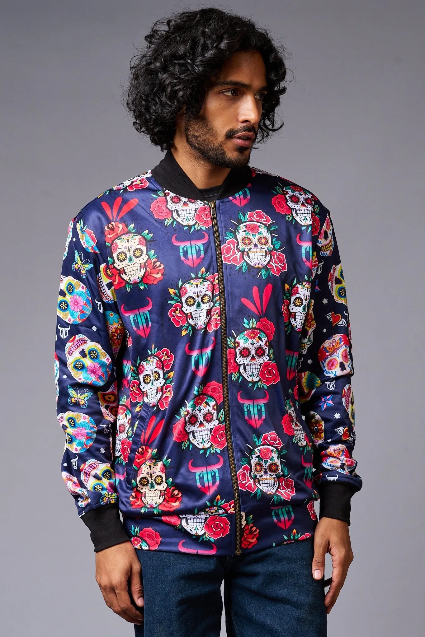 Colourful Skull Printed Blue Bomber Jacket for Men