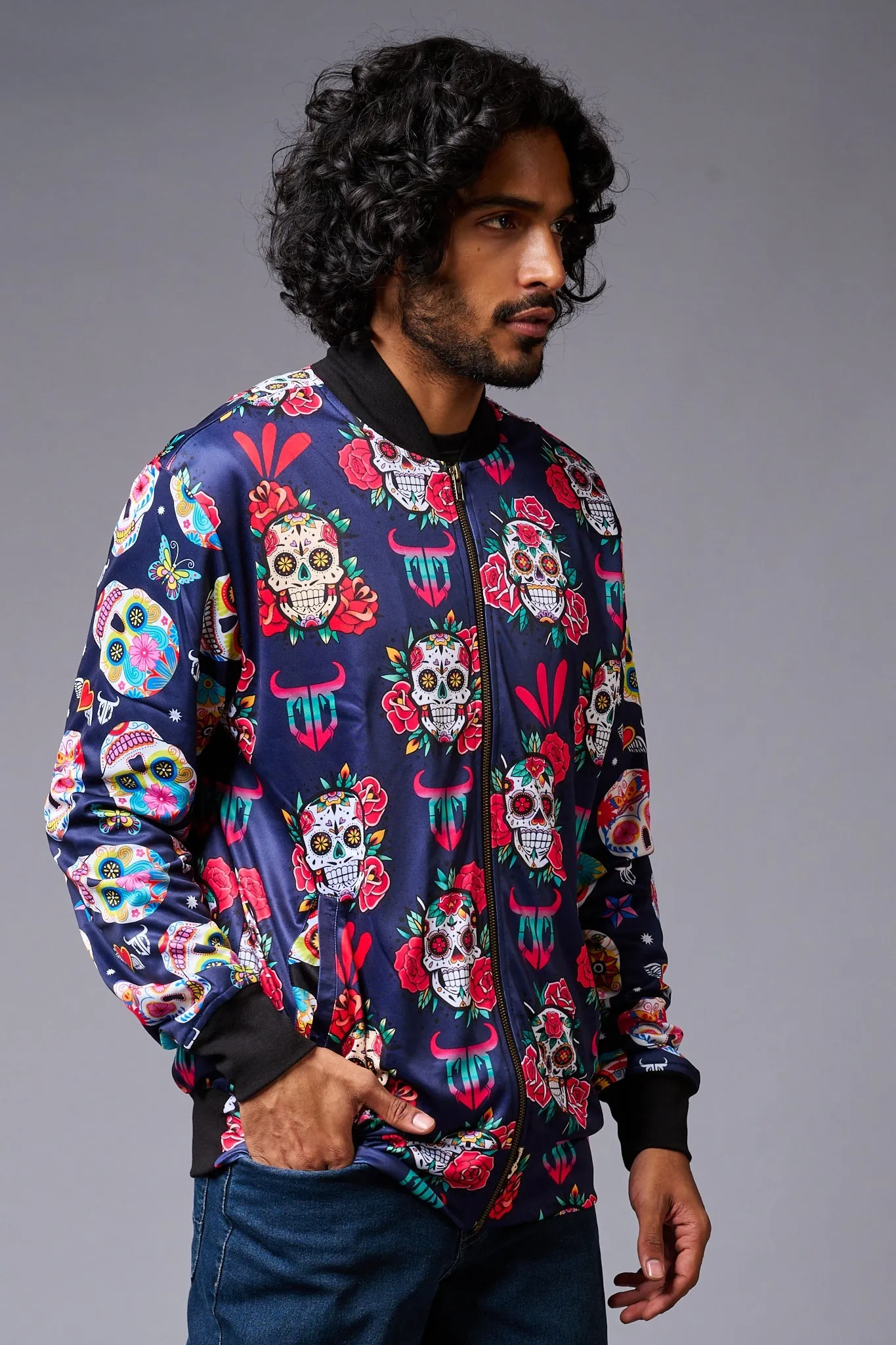 Colourful Skull Printed Blue Bomber Jacket for Men