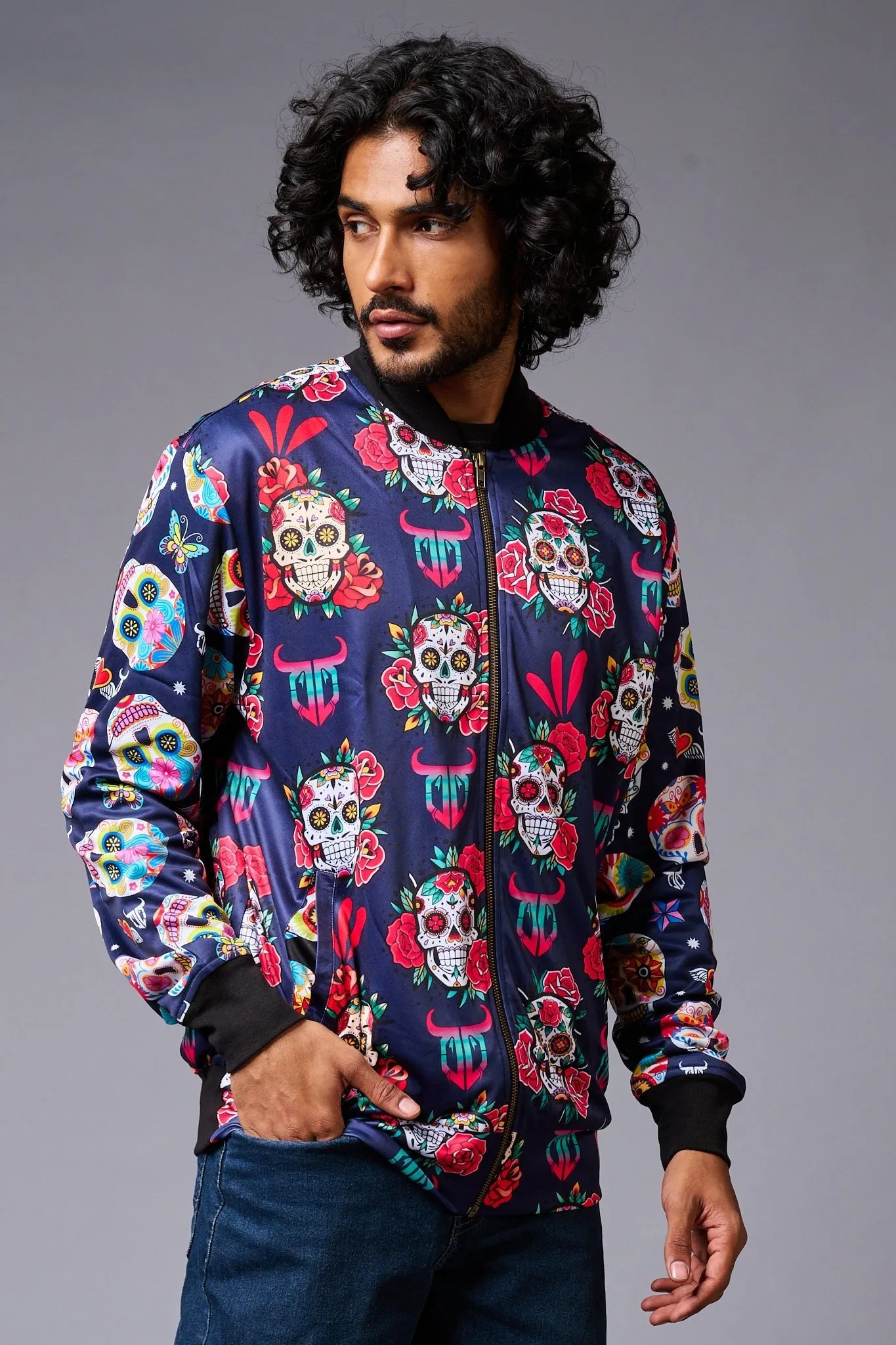 Colourful Skull Printed Blue Bomber Jacket for Men