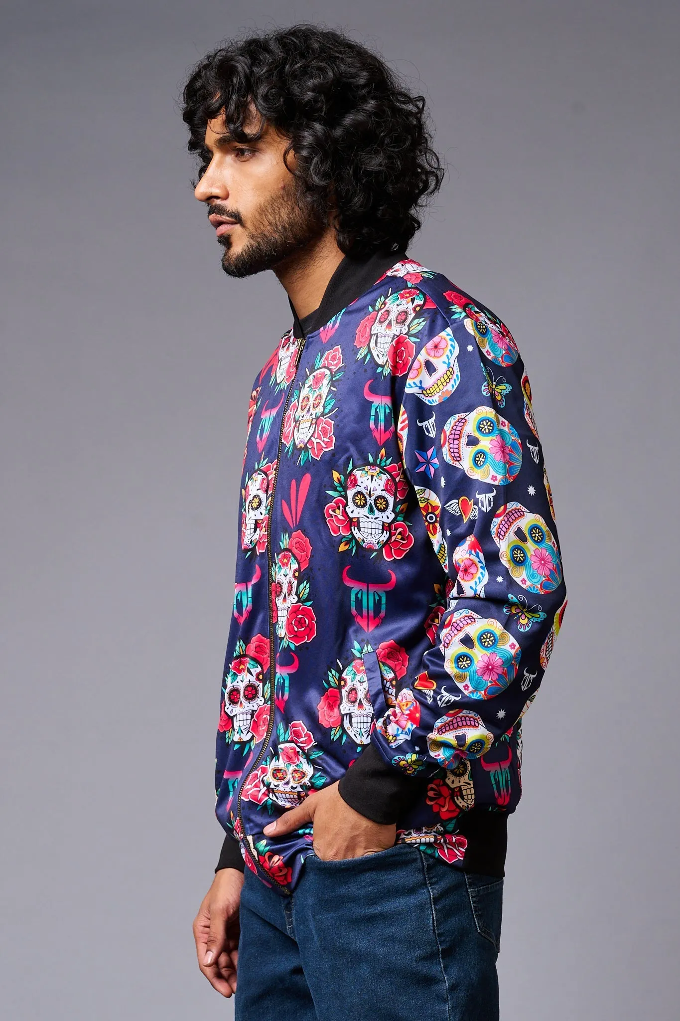 Colourful Skull Printed Blue Bomber Jacket for Men