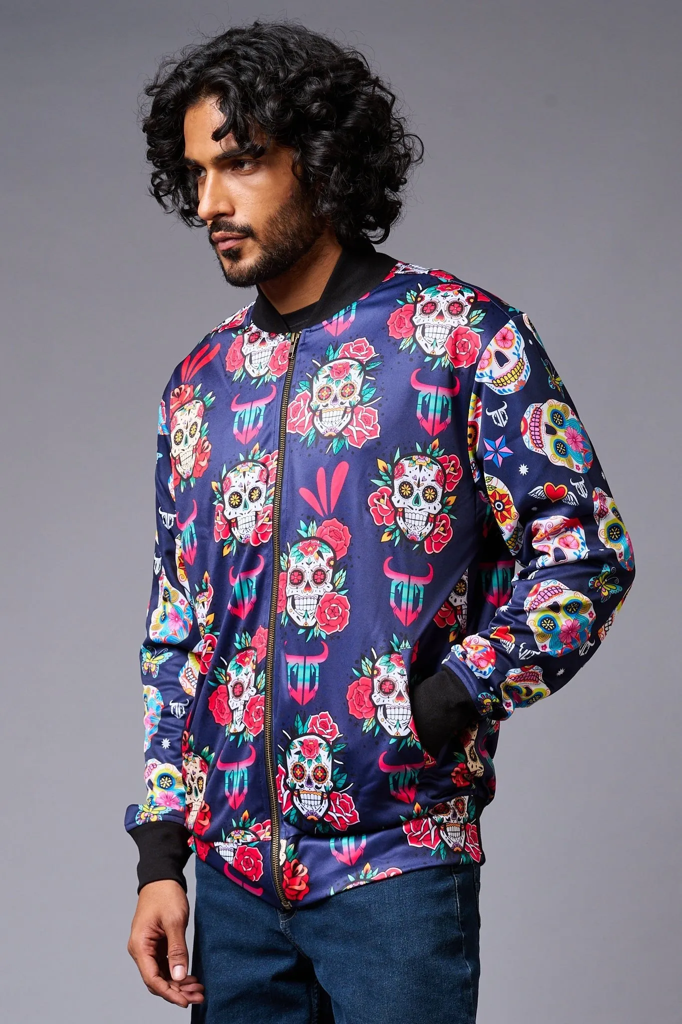 Colourful Skull Printed Blue Bomber Jacket for Men