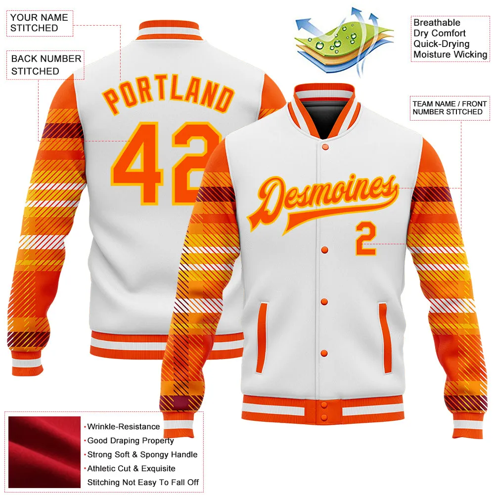 Custom White Orange-Gold Check Board 3D Pattern Design Bomber Full-Snap Varsity Letterman Jacket