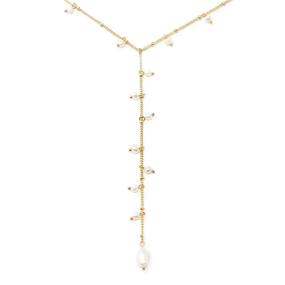 Double Chain Lariat Necklace with Pearl Charms Gold Plated